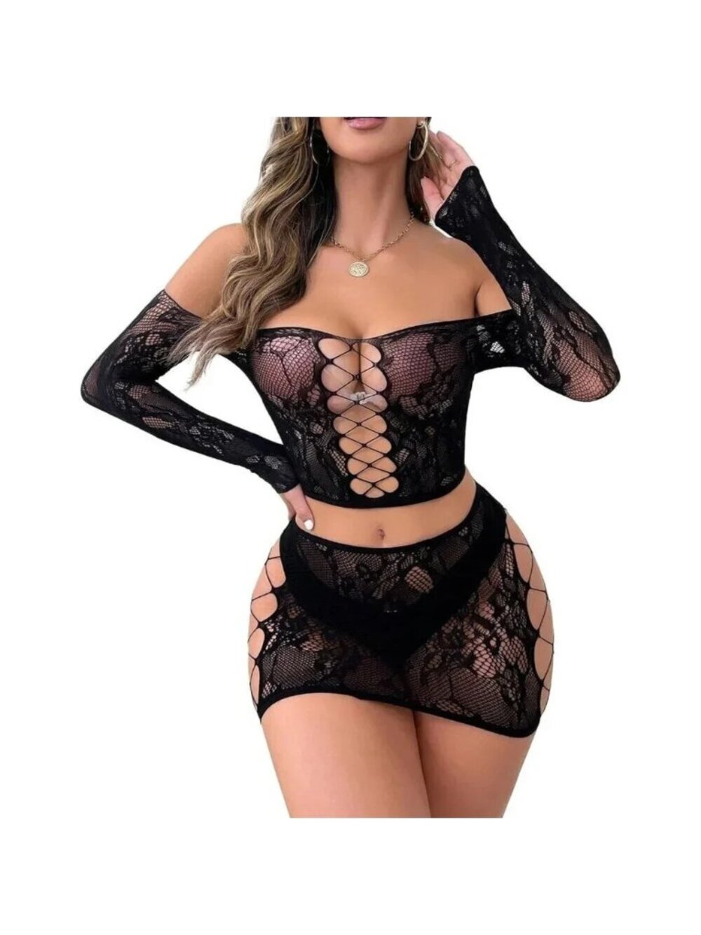 Womens Lingerie Se tBlack  Fishnet Babydoll Bodysuit Sexy Nightwear